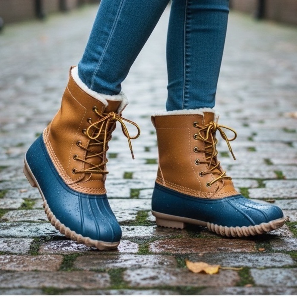 American Eagle Outfitters Women Duck Boots Tan Navy Faux Fur Lined Size 5 NEW